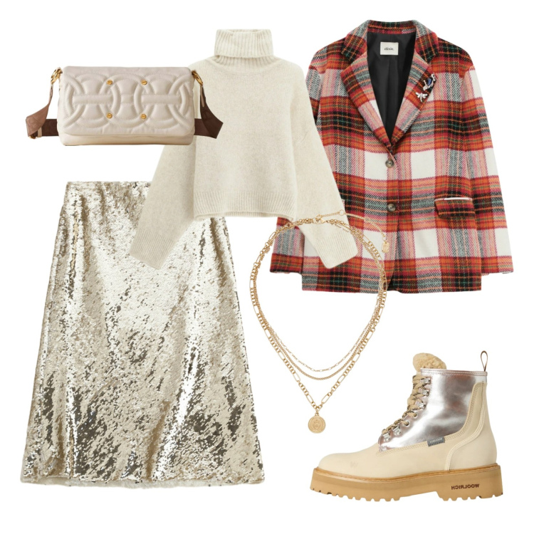 Outfit donna - Festa di natale tra amici!. Stile Sporty chic per Serata fuori. Abbinamento con maglieria, borse a tracolla, gonne longuette, blazer, ciondoli, anfibi.