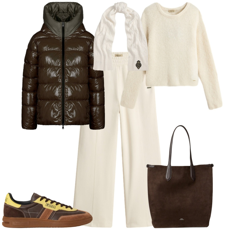 Outfit donna - Trendy cioccolato e bianco. Stile Sporty chic per Tutti i giorni. Abbinamento con sneakers, borse tote, sciarpe, piumini, maglieria, pantaloni.