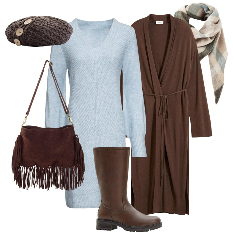 Outfit donna - Azzurro e cioccolato. Stile Trendy per Tutti i giorni. Abbinamento con vestiti, sciarpe, stivali, berretti, borse a tracolla, cappotti.