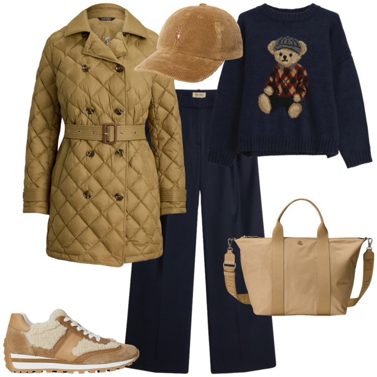 Outfit donna - Trendy blu caramello. Stile Trendy per Tutti i giorni. Abbinamento con maglieria, borse tote, sneakers, trench, cappelli con visiera, pantaloni.