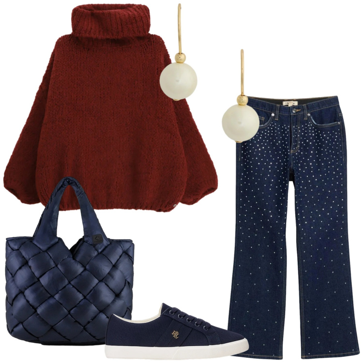 Outfit donna - Maglione morbido, cuore caldo. Stile Casual per Tutti i giorni. Abbinamento con jeans dritti, maglieria, sneakers, orecchini, borse tote.