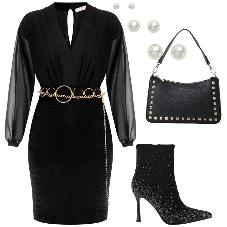 Outfit donna - Brilla con i tessuti che si accendono. Stile Sexy per Serata fuori. Abbinamento con cinture, vestiti a tubino, stivaletti, pochette, orecchini.