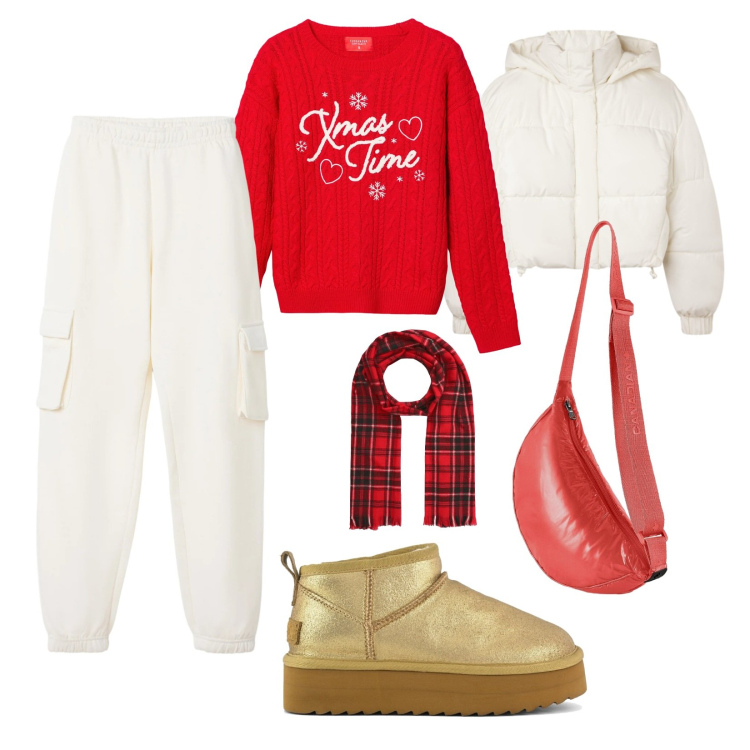 Outfit donna - Cena di natale in famiglia!. Stile Casual per Tutti i giorni. Abbinamento con maglieria, pantaloni, bomber, sciarpe, borse sportive, stivaletti.