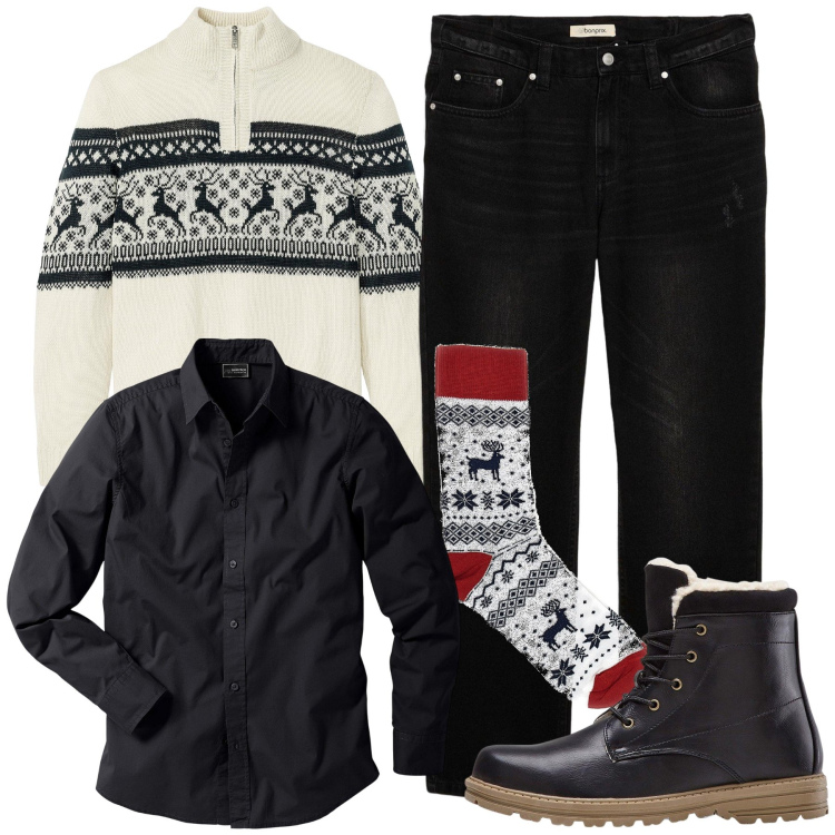 Outfit uomo - Renne. Stile Casual per Tutti i giorni. Abbinamento con camicie, stivali e stivaletti, maglieria, jeans, calzini.