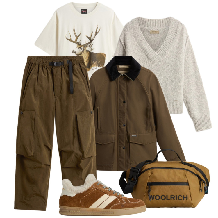 Outfit donna - Weekend invernale. Stile Casual per Tutti i giorni. Abbinamento con sneakers, borse a tracolla, pantaloni cargo, maglieria, t-shirt, blazer.
