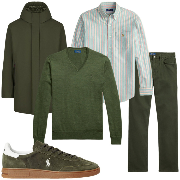 Outfit uomo - Verde scuro per la giornata. Stile Trendy per Tutti i giorni. Abbinamento con sneakers, pantaloni, maglieria, camicie, parka.
