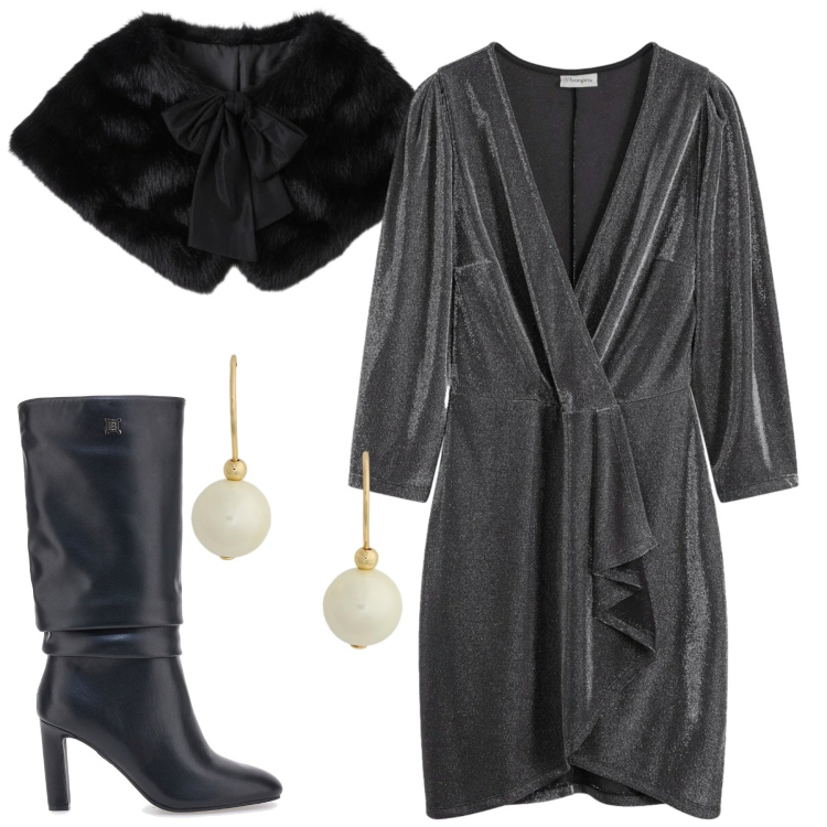 Outfit donna - Brilla con i tessuti che si accendono. Stile Sexy per Serata fuori. Abbinamento con vestiti, stole, orecchini, stivali.