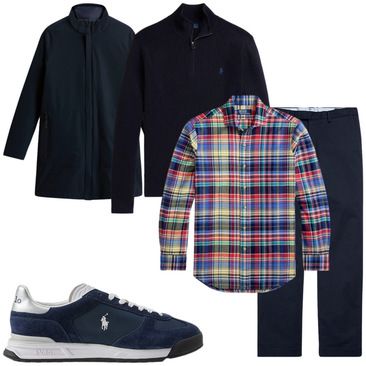Outfit uomo - Blu e camicia colore. Stile Casual per Tutti i giorni. Abbinamento con pantaloni chino, sneakers, camicie, maglieria, giacche.