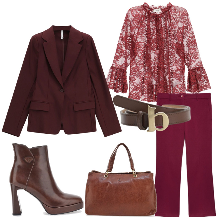Outfit donna - Total look #2298086. Stile Chic per Serata fuori. Abbinamento con blazer, camicie, cinture, stivaletti, borse a tracolla, pantaloni.