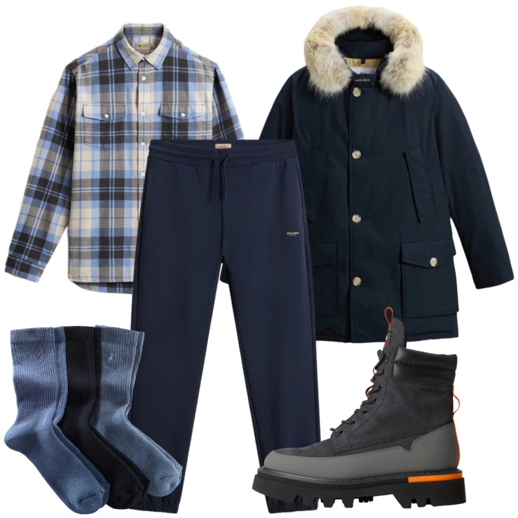 Outfit uomo - Total look #2298087. Stile Casual per Tutti i giorni. Abbinamento con calzini, pantaloni, camicie, stivali e stivaletti, parka.