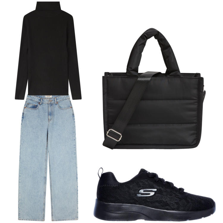 Outfit donna - Aperitivo. Stile Trendy per Tutti i giorni. Abbinamento con shopping bag, jeans, maglieria, sneakers.