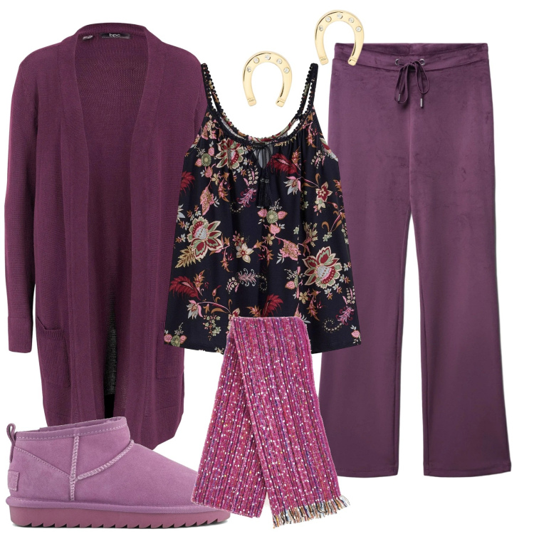 Outfit donna - Comodo relax. Stile Basic per Tutti i giorni. Abbinamento con cardigans, top, pantaloni, orecchini, stivali, sciarpe.