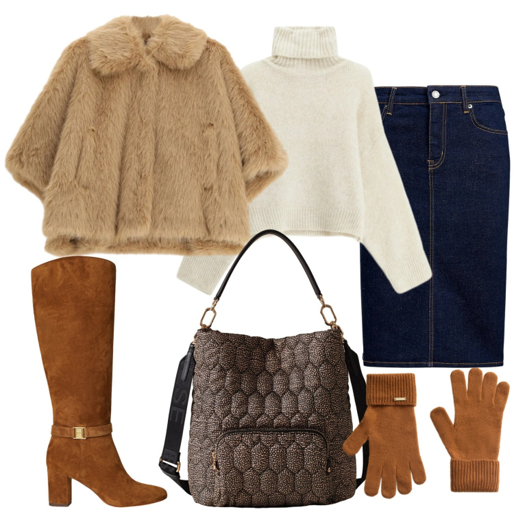 Outfit donna - Total look #2298094. Stile Glamour per Tutti i giorni. Abbinamento con blazer, maglieria, borse a secchiello, gonne, stivali, guanti.