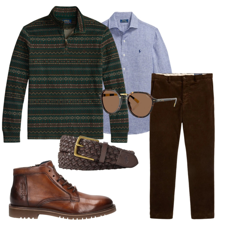 Outfit uomo - Total look #2298097. Stile Casual per Tutti i giorni. Abbinamento con occhiali da sole, pullovers, cinture, pantaloni, camicie, stivali e stivaletti.