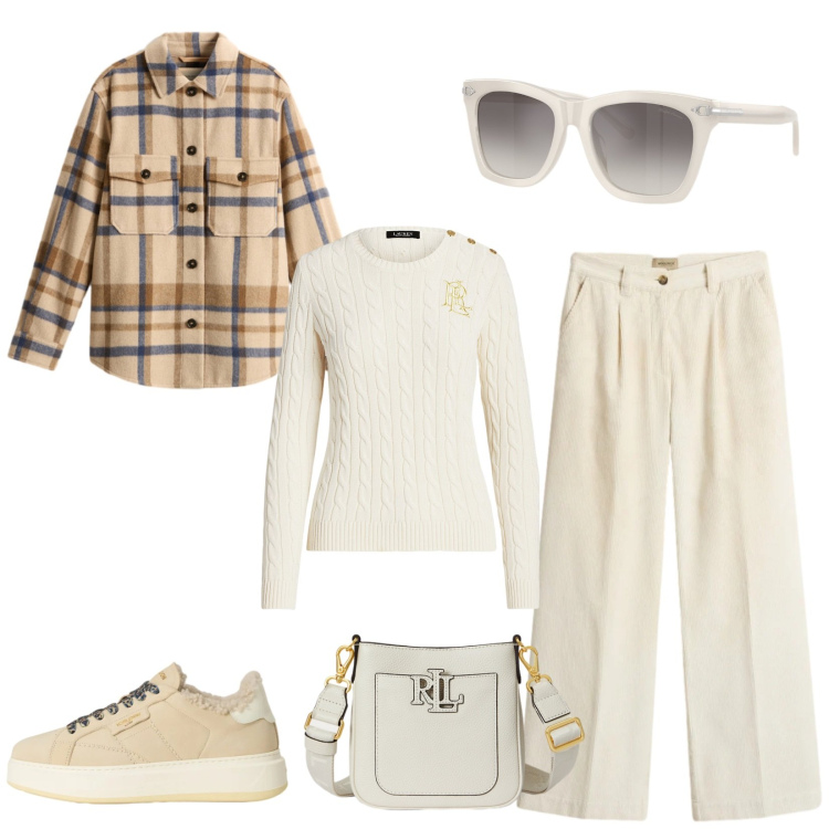 Outfit donna - Total look #2298098. Stile Chic per Tutti i giorni. Abbinamento con maglieria, occhiali da sole, borse a tracolla, pantaloni, sneakers, cappotti.