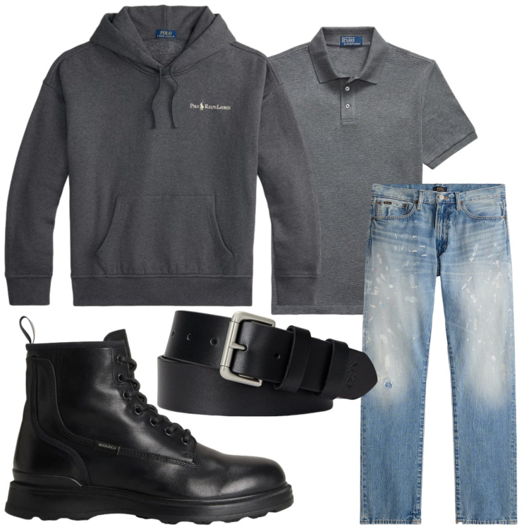 Outfit uomo - Total look #2298100. Stile Casual per Tutti i giorni. Abbinamento con cinture, jeans dritti, felpe con cappuccio, polo, anfibi.