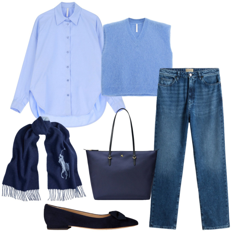 Outfit donna - Total look #2298101. Stile Casual chic per Ufficio. Abbinamento con camicie, maglieria, borse tote, ballerine, sciarpe, jeans.