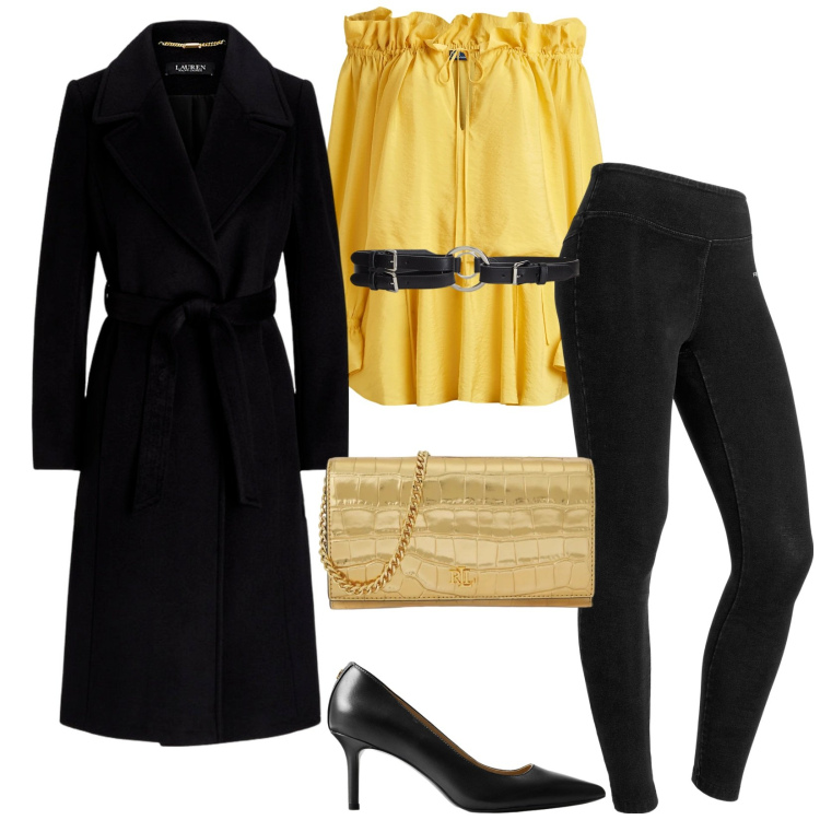 Outfit donna - Total look #2298105. Stile Chic per Serata fuori. Abbinamento con jeggings, cappotti, cinture, décolleté, vestiti, borse a tracolla.