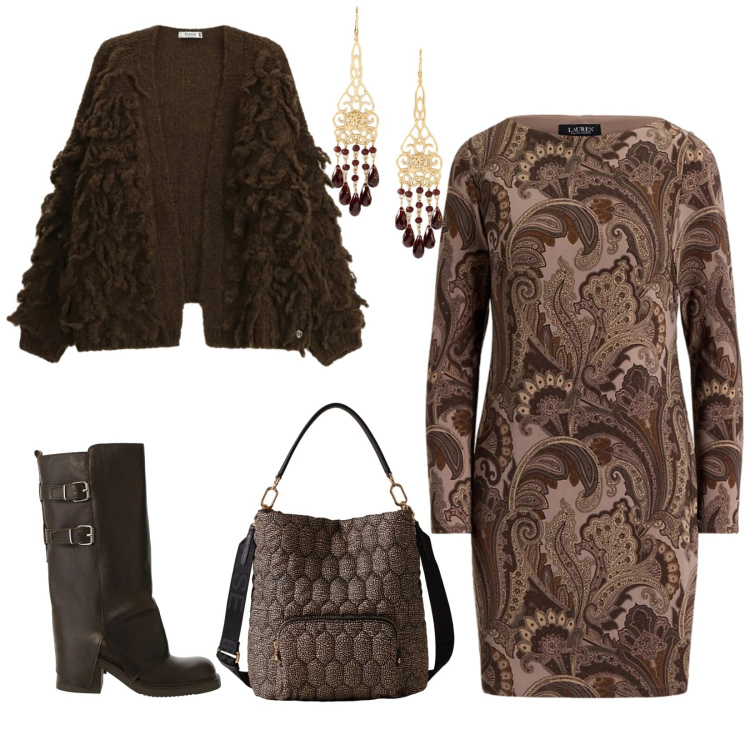 Outfit donna - Total look #2298107. Stile Chic per Serata fuori. Abbinamento con cardigans, borse a secchiello, stivali, vestiti, orecchini.