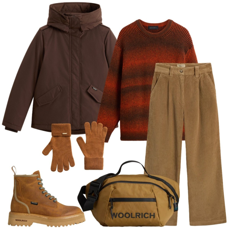 Outfit donna - Total look #2298109. Stile Casual per Tutti i giorni. Abbinamento con piumini, guanti, anfibi, borse a tracolla, pantaloni, maglieria.