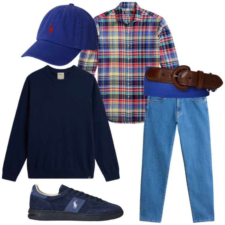 Outfit uomo - Total look #2298112. Stile Trendy per Tutti i giorni. Abbinamento con cappelli con visiera, cinture, sneakers, camicie, pantaloni, maglieria.