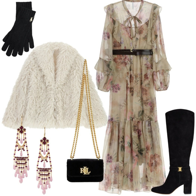 Outfit donna - Natale romantico. Stile Romantica per Serata fuori. look ideale per Tall. Abbinamento con vestiti lunghi, ecopellicce, stivali, pochette, guanti, orecchini.