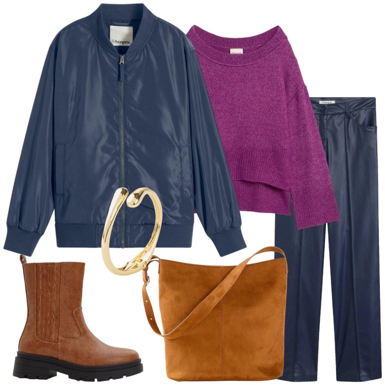 Outfit donna - Total look #2298114. Stile Casual chic per Tutti i giorni. Abbinamento con maglieria, braccialetti, bomber, borse a mano, stivaletti chelsea, pantaloni.