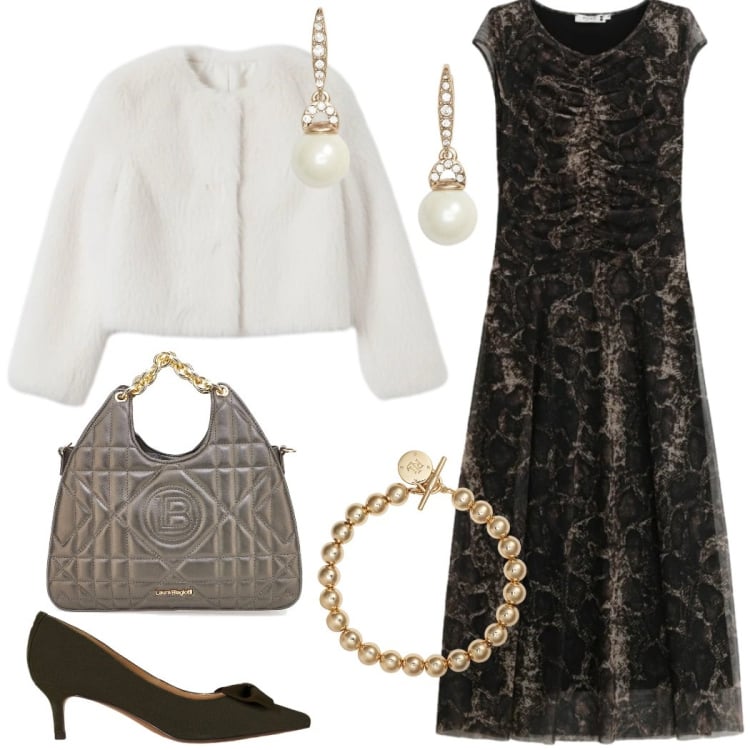 Outfit donna - Natale glamour. Stile Glamour per Serata fuori. Abbinamento con vestiti lunghi, ecopellicce, décolleté, braccialetti, orecchini, borse a mano.