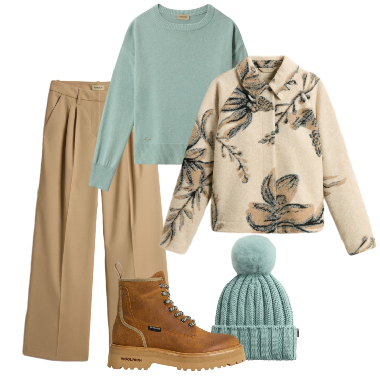 Outfit donna - Acquamarina e cuoio. Stile Casual chic per Tutti i giorni. Abbinamento con maglieria, cappotti, anfibi, berretti, pantaloni.