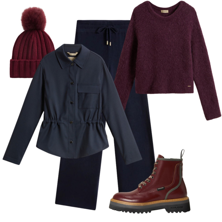 Outfit donna - Heritage blu & vinaccia. Stile Sporty chic per Tutti i giorni. Abbinamento con anfibi, maglieria, pantaloni, berretti, cappotti.