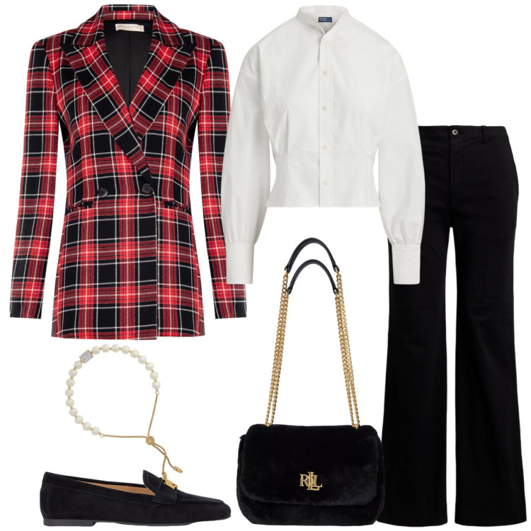 Outfit donna - Total look #2298124. Stile Chic per Serata fuori. Abbinamento con blazer, mocassini, braccialetti, pantaloni, borse a spalla, camicie.