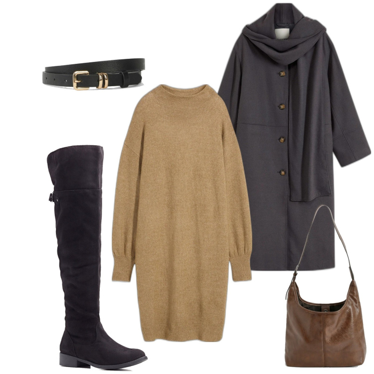 Outfit femme - Manteau écharpe et cuissardes daim. Style Tendance pour Tous les jours. Assortir avec robes, cuissardes, manteaux, ceintures, sacs à main.