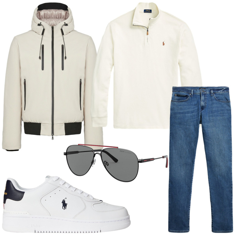 Outfit uomo - Giusto per un giorno. Stile Urban per Tutti i giorni. Abbinamento con occhiali da sole, jeans, pullovers, sneakers, giacche.