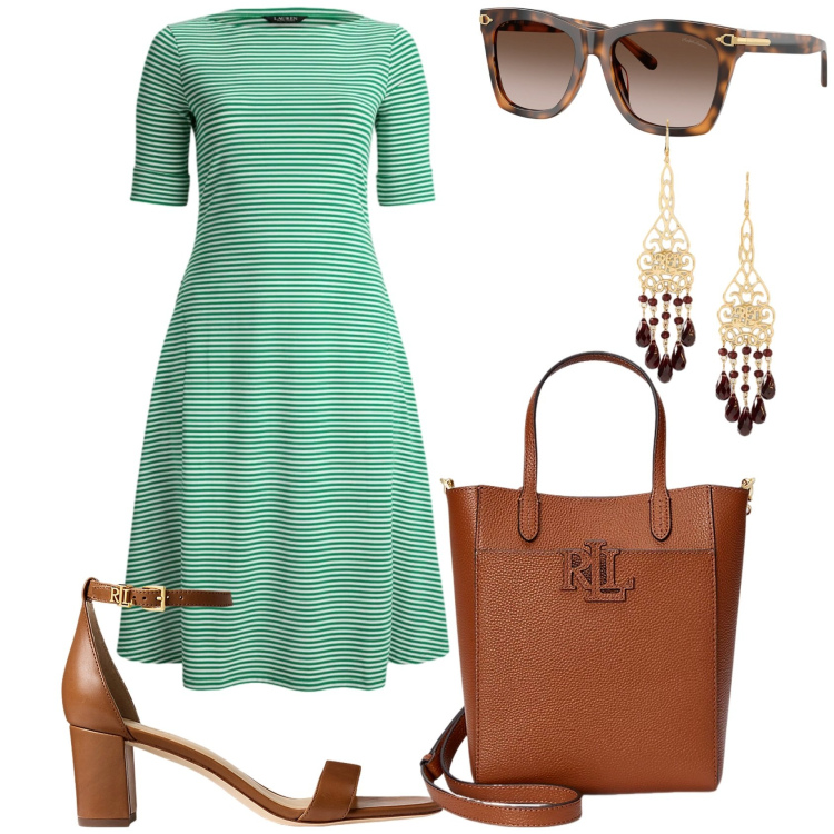 Outfit donna - Abito medio in cotone stretch. Stile Casual per Tutti i giorni. Abbinamento con sandali in pelle, borse tote, orecchini, occhiali da sole, vestiti.