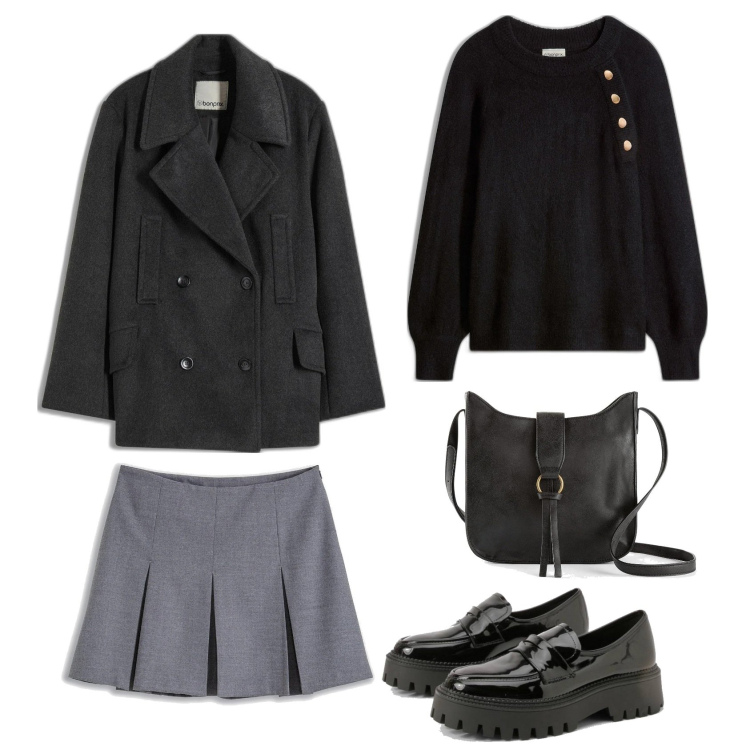 Outfit femme - Preppy Winter. Style Preppy pour Tous les jours. Assortir avec sacs en bandoulière, minijupes, caban, pulls, mocassins.