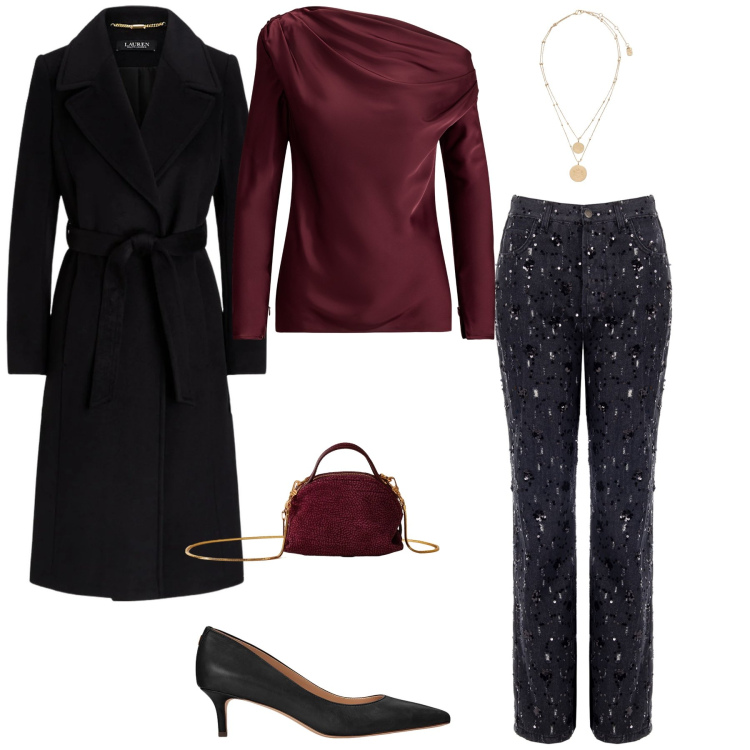 Outfit donna - Serata scintillante. Stile Chic per Serata fuori. Abbinamento con pantaloni, borse a mano, bluse, cappotti, ciondoli, décolleté.