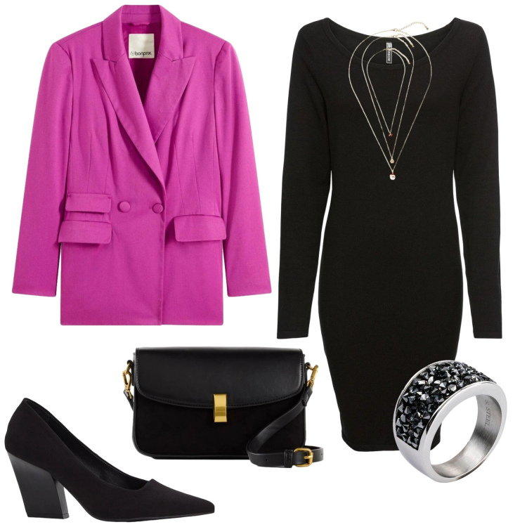 Outfit donna - bonprix - PARTY - BLACK ROMANCE. Stile Casual chic per Serata fuori. Abbinamento con vestiti lunghi, blazer, décolleté, borse a mano, collane, anelli.