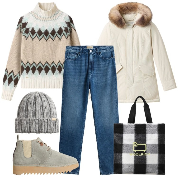Outfit donna - Total look #2298145. Stile Casual per Tutti i giorni. Abbinamento con parka, stivaletti, maglieria, berretti, borse tote, jeans.