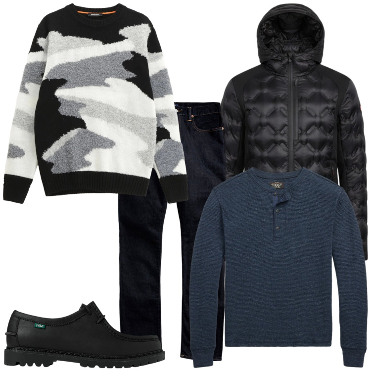 Outfit uomo - Total look black. Stile Casual per Tutti i giorni. Abbinamento con maglieria, jeans, scarpe stringate, t-shirt, piumini.