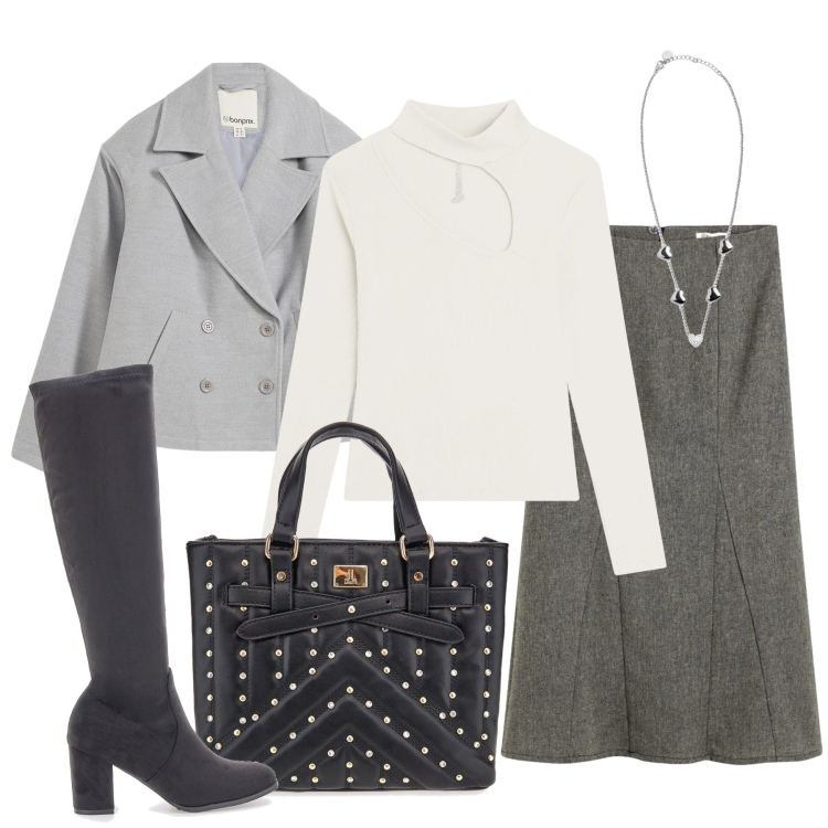 Outfit donna - Classica armonia. Stile Chic per Tutti i giorni. Abbinamento con gonne, caban, maglieria, collane, borse a mano, stivali sopra il ginocchio.