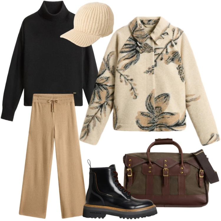 Outfit donna - Weekend fuori città. Stile Casual chic per Tutti i giorni. Abbinamento con pantaloni, cappotti, borse a tracolla, anfibi, cappelli, maglieria.