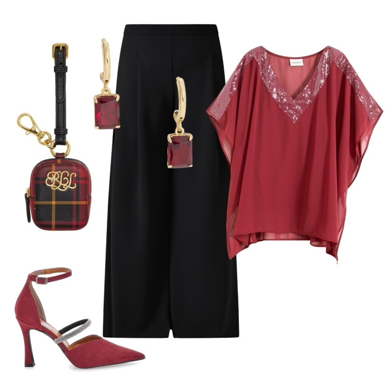 Outfit donna - A cena a casa di amici. Stile Glamour per Serata fuori. Abbinamento con bluse, pantaloni a palazzo, pochette, orecchini, décolleté.