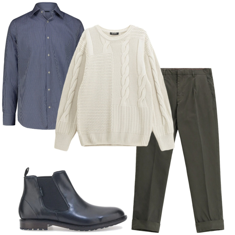 Outfit uomo - Maglione delle feste. Stile Casual per Tutti i giorni. Abbinamento con maglieria, pantaloni chino, stivali e stivaletti, camicie.
