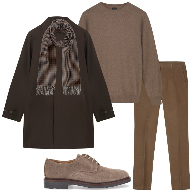 Outfit uomo - In città. Stile Urban per Tutti i giorni. Abbinamento con trench, scarpe stringate, maglieria, sciarpe, pantaloni.