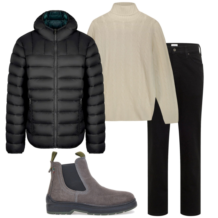 Outfit uomo - In città. Stile Urban per Tutti i giorni. Abbinamento con jeans dritti, piumini, stivali e stivaletti, maglieria.