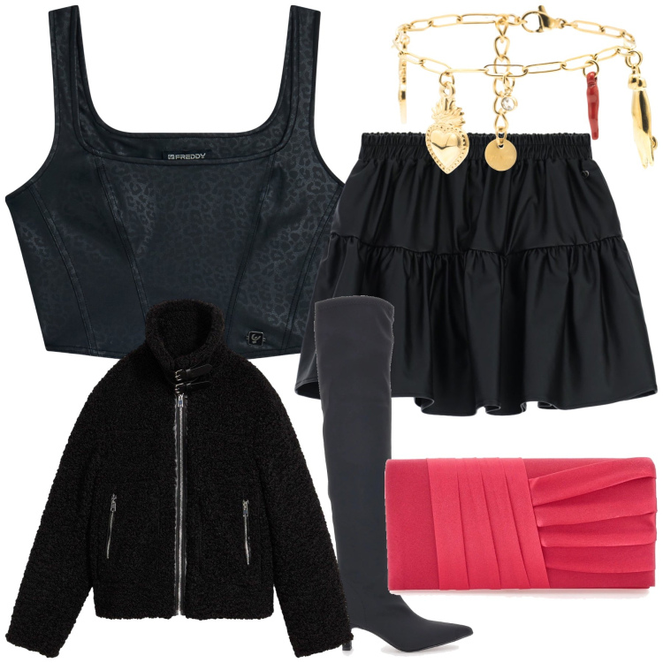 Outfit donna - Il rosso portafortuna. Stile Trendy per Serata fuori. Abbinamento con ecopellicce, minigonne, top, braccialetti, stivali, pochette.