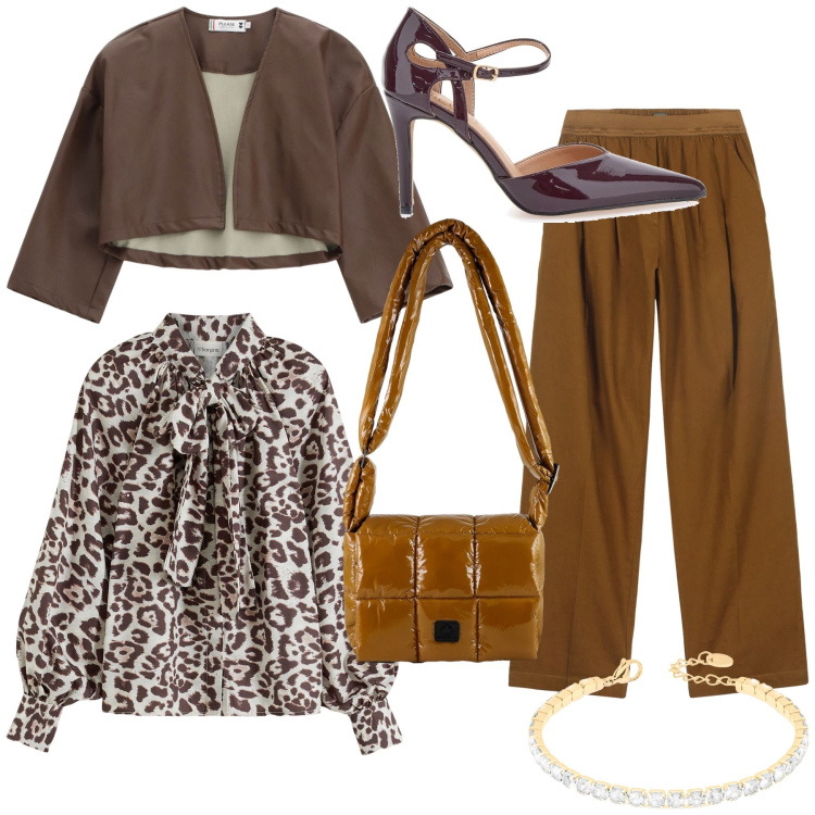 Outfit donna - Dall ufficio alla festa aziendale. Stile Glamour per Serata fuori. Abbinamento con camicie, giacche, braccialetti, borse a spalla, pantaloni, décolleté.