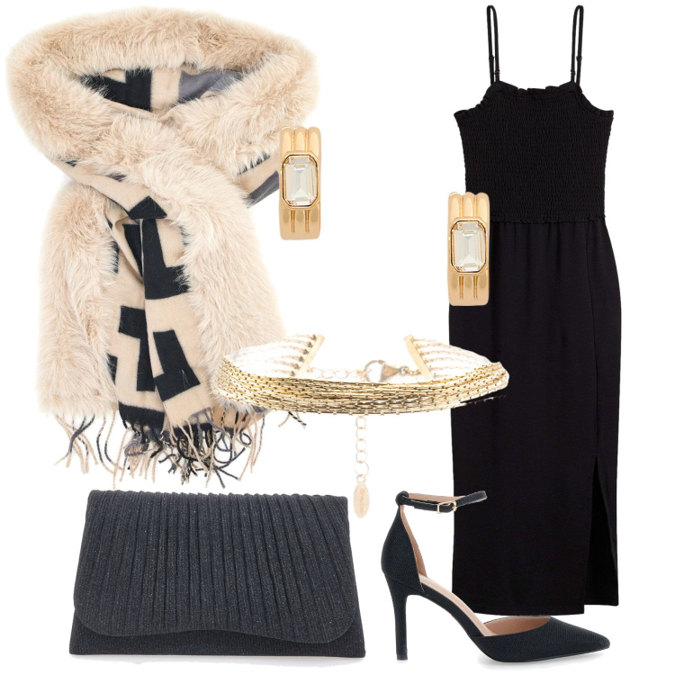 Outfit donna - Stola e gioielli per essere una diva. Stile Chic per Serata fuori. Abbinamento con vestiti midi/longuette, braccialetti, orecchini, cappe, décolleté, clutch.