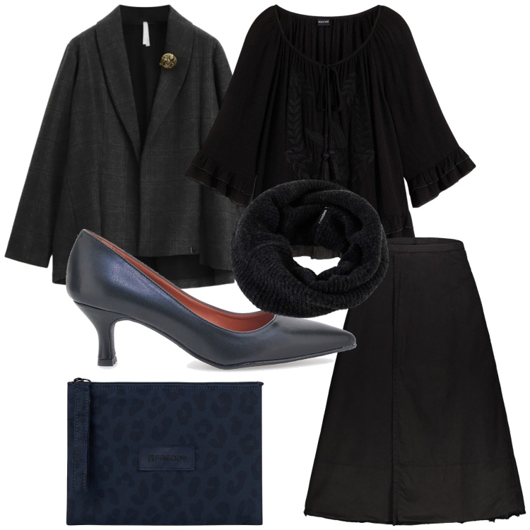 Outfit donna - Black dress code. Stile Chic per Serata fuori. Abbinamento con tuniche, blazer, clutch, scaldacollo, gonne lunghe, décolleté.