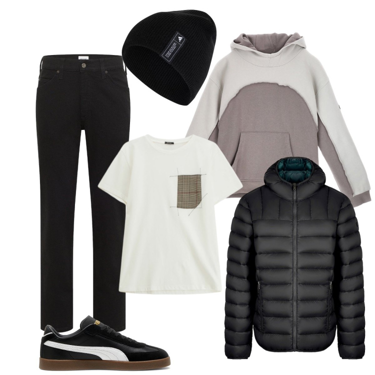 Outfit uomo - Oggi camminata rilassante in campagna. Stile Casual per Tutti i giorni. Abbinamento con jeans dritti, t-shirt, piumini, berretti, sneakers, felpe con cappuccio.